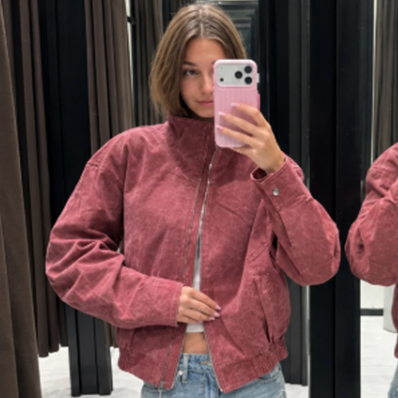 HXAO Damen-Bomberjacke aus Kunstwildleder in Burgunderrot, Herbst, lässig, Oversized, mit Reißverschluss, Stehkragen, langärmelig, schicke Oberbekleidung – Detail 11