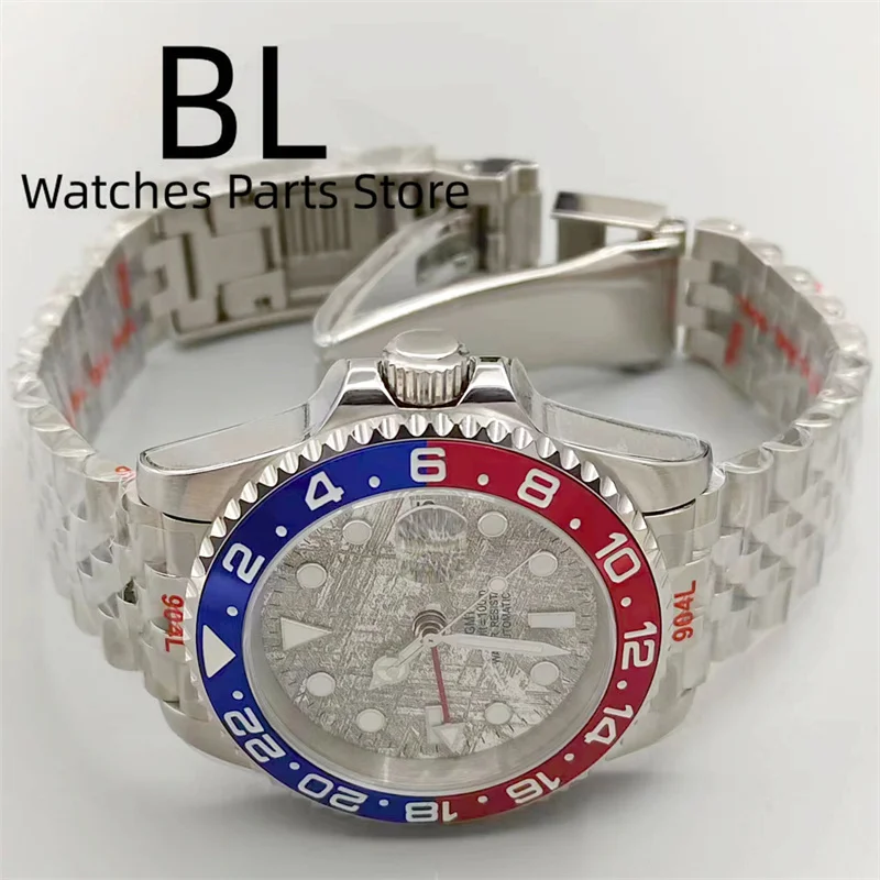 BLIGER Watches For Men 40mm NH34 GMT Gray Meteorite Dial Blue Red Bezel Green Luminous Sappire Glass Stainless Steel Strap Date