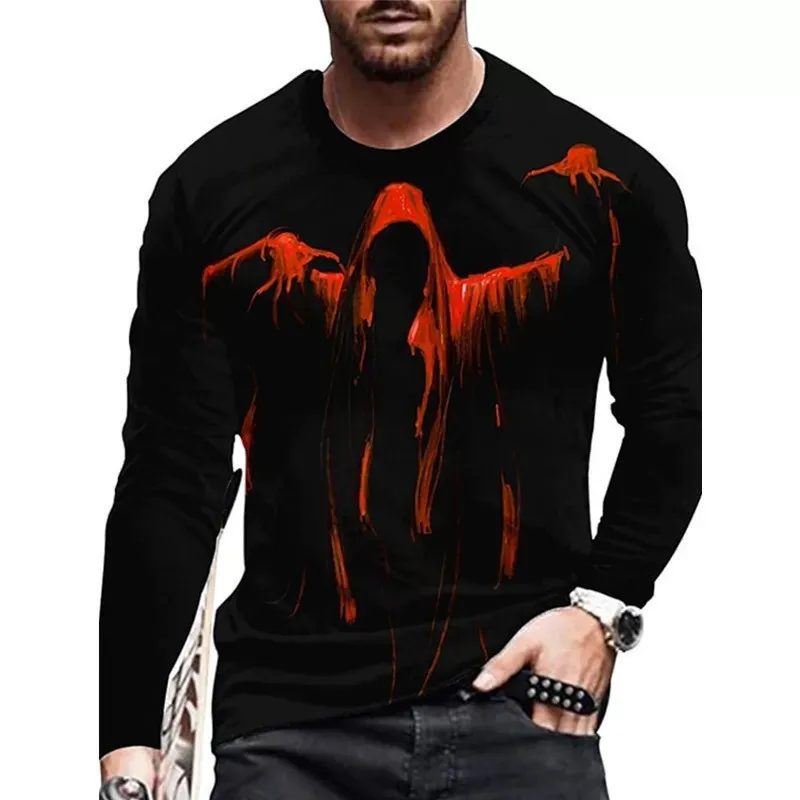 Grim Reaper Horror Gothic Men\'s T-Shirts Evil Style Halloween 3D Print Festival Tops Long Sleeve Casual Street Tee Big Size 6XL