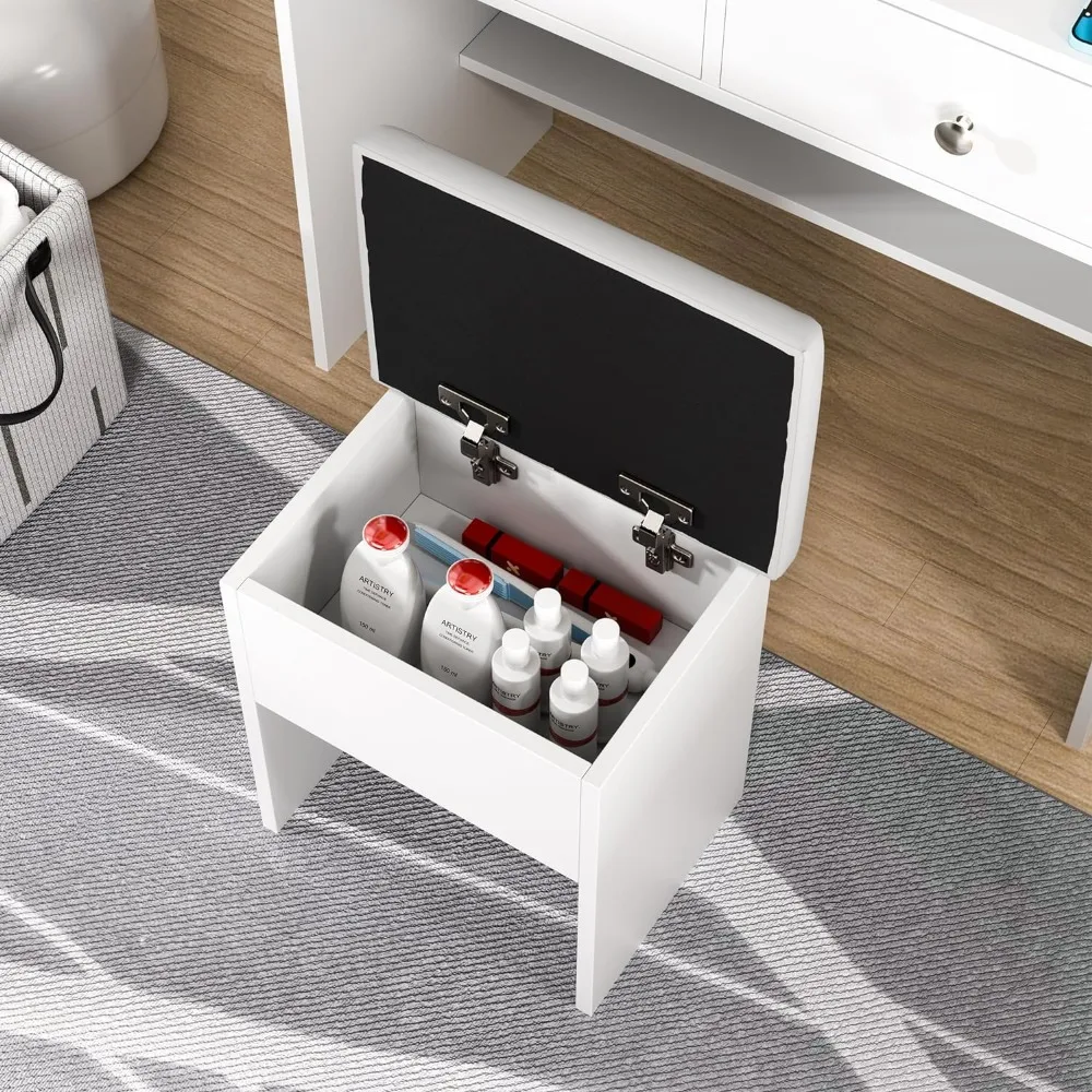 Vanity Desk Set com espelho iluminado LED e Power Outlet, Dressing Makeup Table, Storage Stool, 4 White Drawer for Bedroom