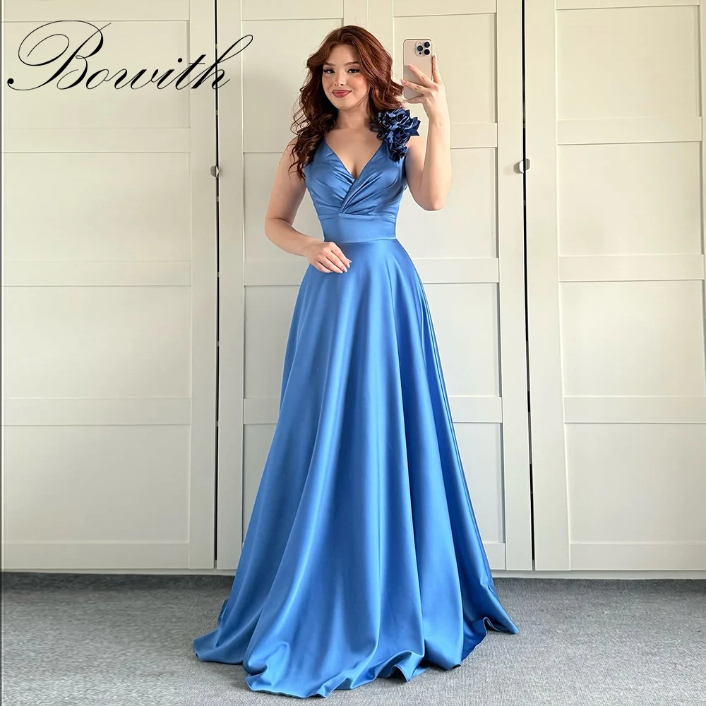 

Вечерние платья Bowith с v-образным вырезом без рукавов, элегантные 3D цветы, длиной до пола, платья для выпускного вечера, вечернее платье для свадебного гостя
