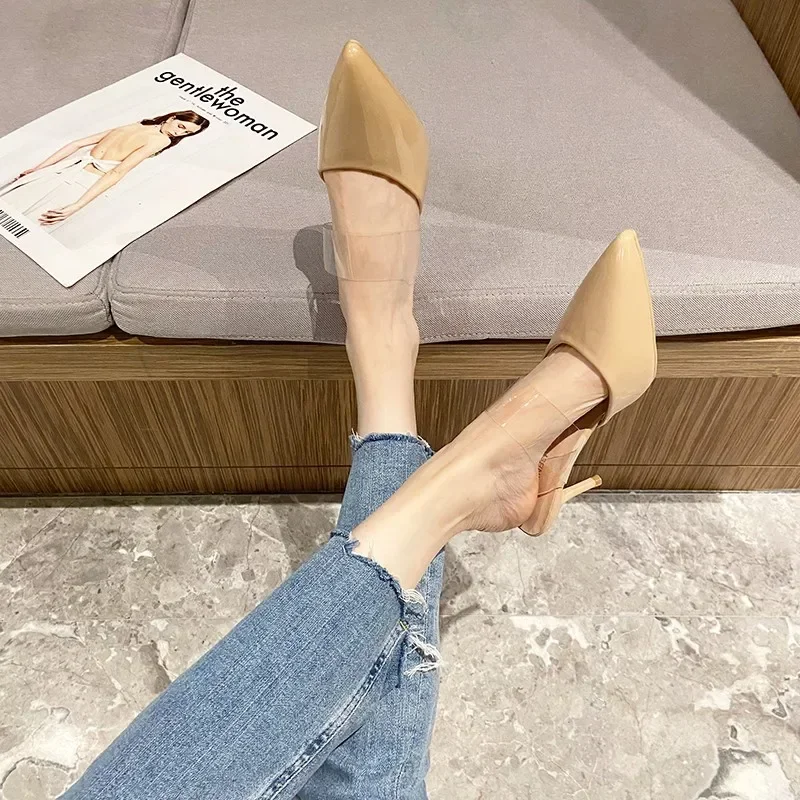 Zapatillas de stil Retro para mujer، calzado sencillo con pint fina، tacón alto، bolsillo poco profundo، ahuecado، un line،