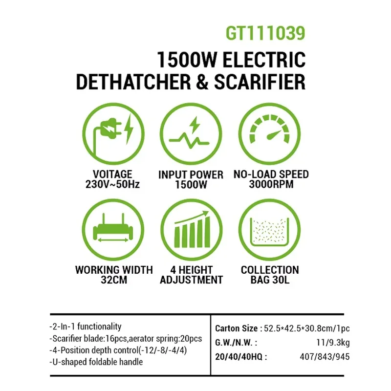 【Ganz neu】Vertak 1500 W 2-in-1 elektrischer Vertikutierer und Vertikutierer, 32 cm Arbeitsbreite, 4 Höhenverstellung, 30 l Beutel für Rasen und Garten