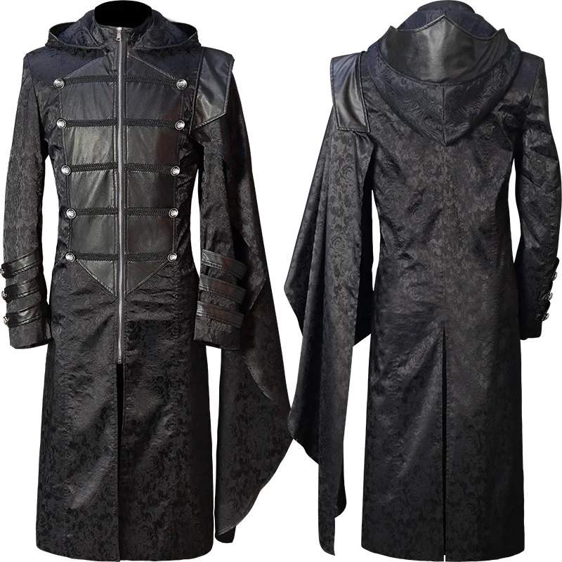 Men Medieval Gothic Long Jacket Punk Military Cloak Cape Coat Hooded Retro Costume Party Zipper Stand Collar Trench Black Cloth