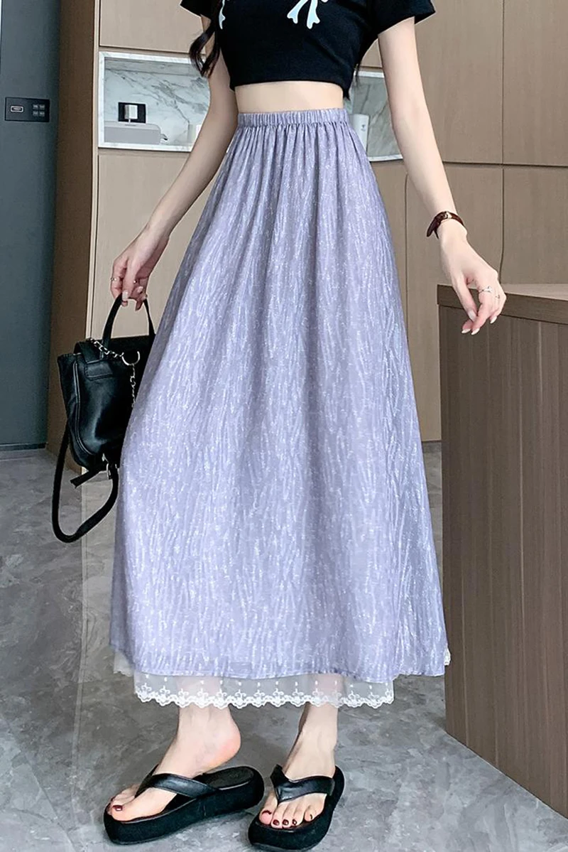 French Jacquard Midi Skirts Women High Waist Polyester A Line Skirt Vintage Elegant Lace Patchwork Streetwear Loose Skirts New