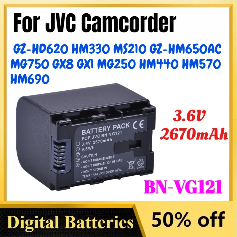 

3.6V 2670mAh BN-VG121 BNVG121 Battery for JVC Camcorder GZ-HD620 HM330 MS210 GZ-HM650AC MG750 GX8 GX1 MG250 HM440 HM570 HM690