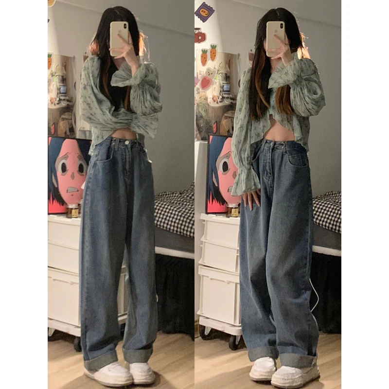 ارتفاع الخصر فضفاضة تناسب الطابق طول الدينيم الجينز المرأة الخريف جديد Sle التخسيس حجم كبير مستقيم الساق بنطال ذو قصة أرجل واسعة
