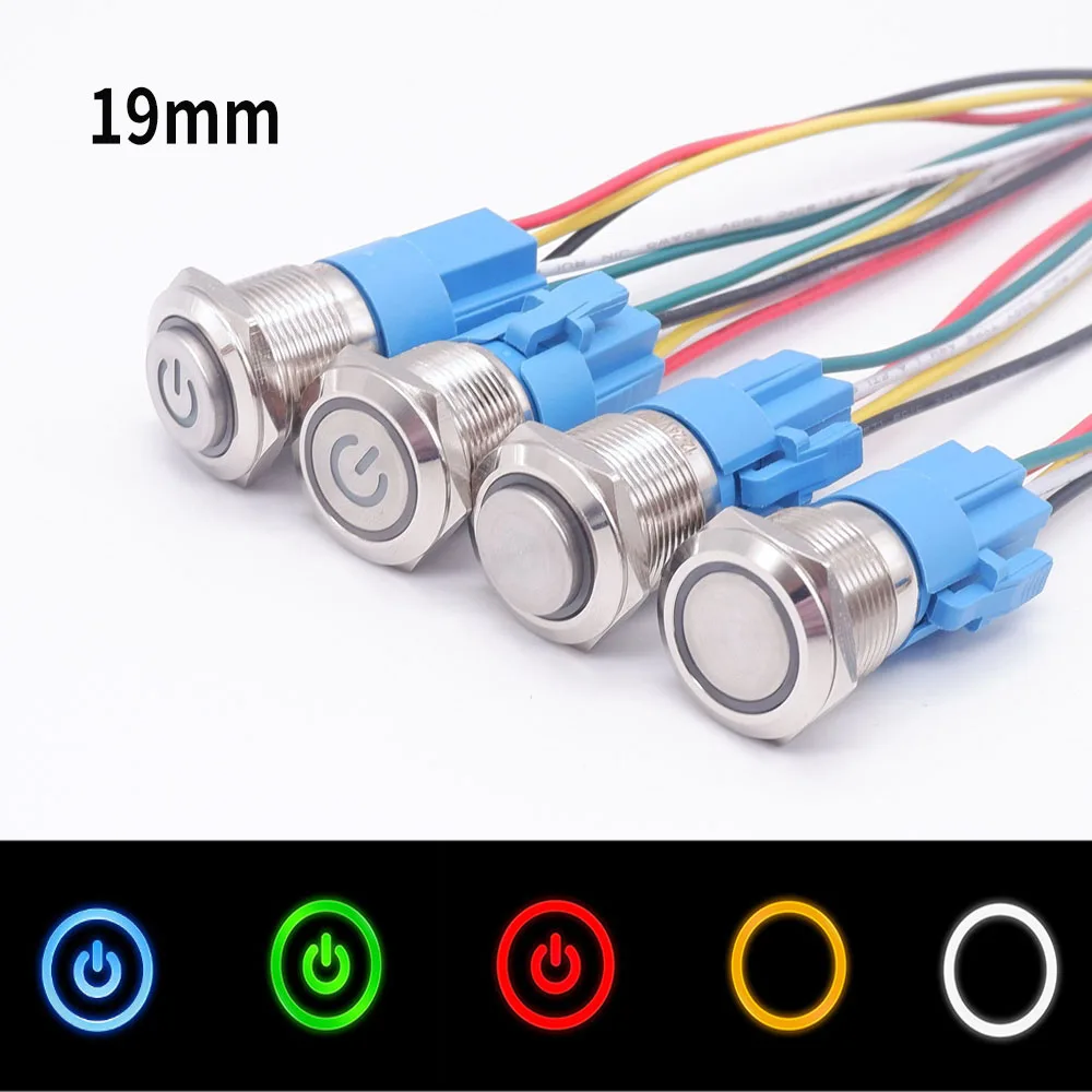 19mm Metal Start Stop Pc Power Switch Car Interior Lights Buttons  Speaker Push Button Momentary/Fixation Socket LED 6V 12V 220V