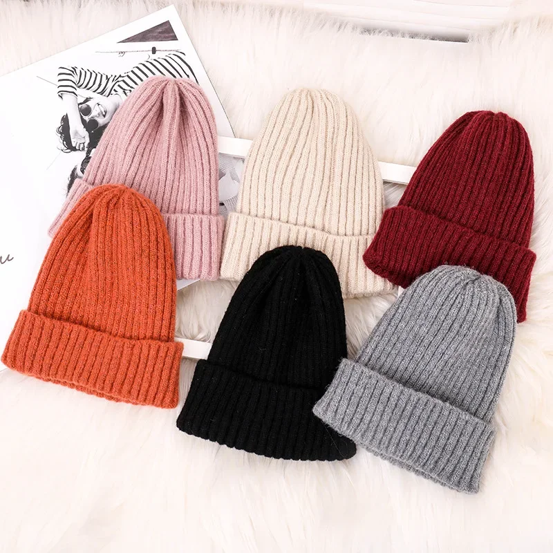 New Winter Solid Color Wool Knit Beanie Women Fashion Casual Hat Warm Female Soft Thicken Hedging Cap Slouchy Bonnet Ski