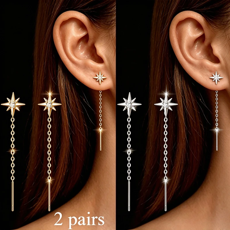 Star Tassel Ear Line Set 2 Pairs, Gold + Silver Women's Earrings, Exquisite Stainless Steel, Versatile for Many Occasions