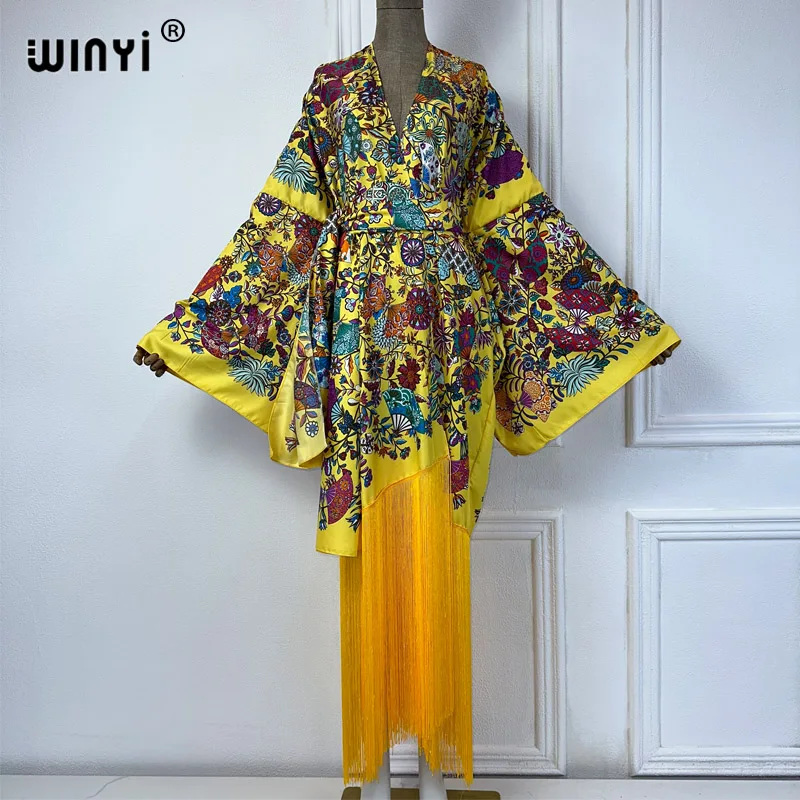 Letnia sukienka w stylu boho WINYI kimono letnia sukienka plażowa artystyczny nadruk osłona do Bikini seksowna wakacyjna sukienka z frędzlami z
