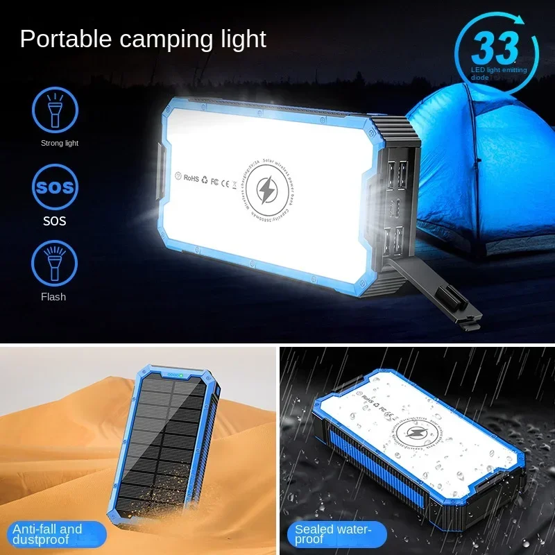 Solar Powerbank 36800 MAh Fast Charging Camping Lamp Powerful LED Flashlight Outdoor Wireless Charging Mobile Power Battery Lamp