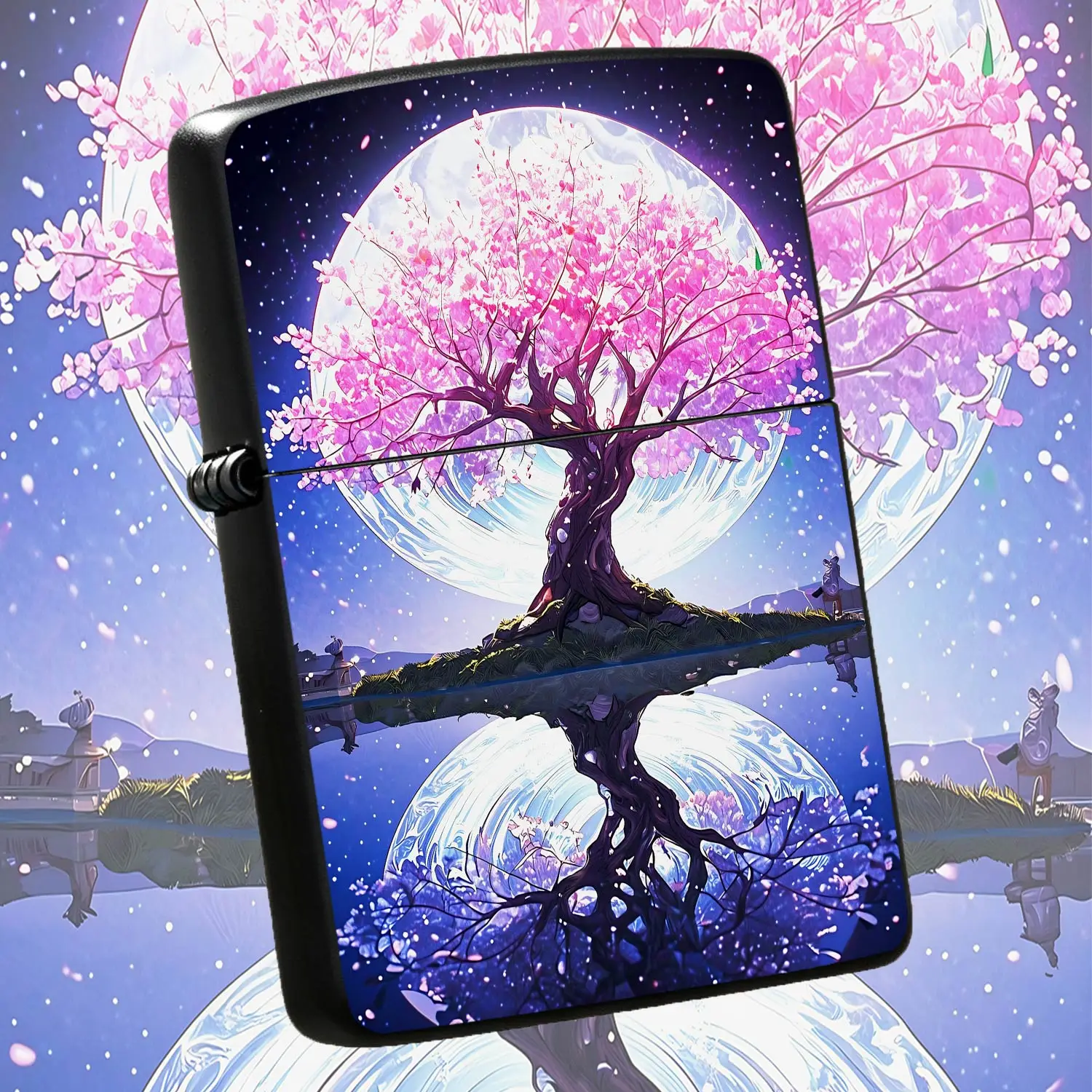 Fantasy Cherry Blossom Under Full Moon Pattern Portable Lighter, Aesthetic Starry Night Lake Reflection Art Design, Trendy Delicate Daily Carry Item, Perfect For All Scenarios, Exquisite Creative Practical Gift For Frie A Humorous And Inter