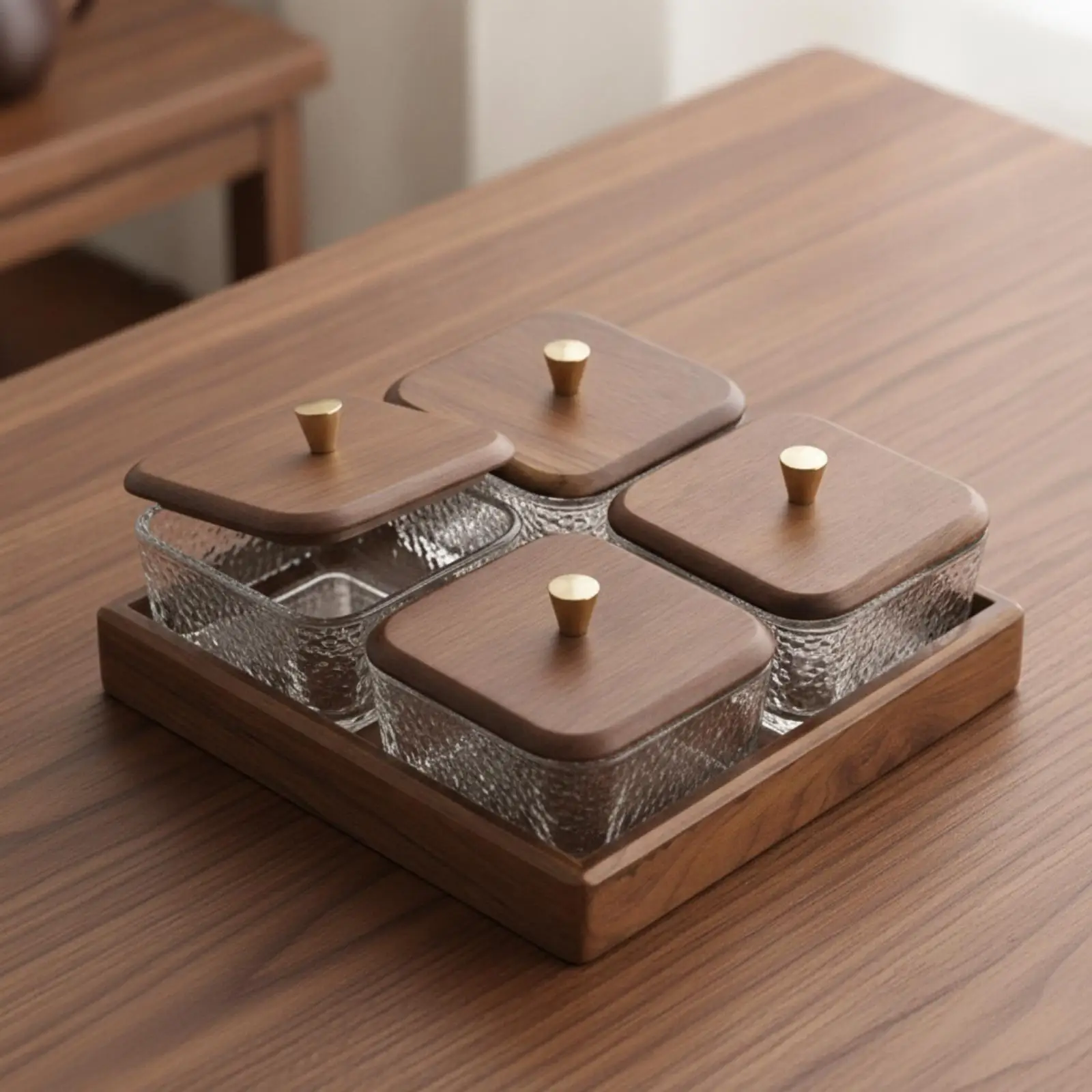 Walnut Wood Compartment Tray Glass Containers with Gold Knobs Decorative Tray for Hospitality Reception and Parties Walnut Wood Compartment Tray Glass Containers with Gold Knobs Decorative Tray for Hospitality Reception and Parties