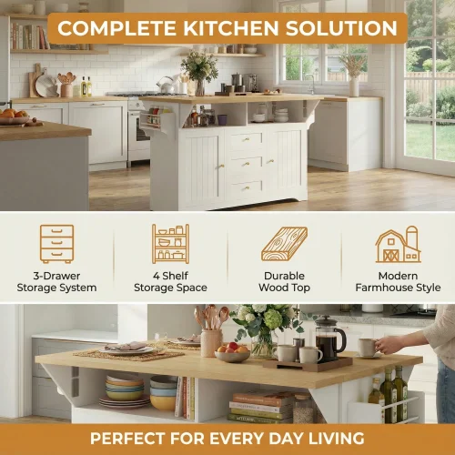 #Modern Large Kitchen Island With 2 Drop Leaf Rolling Kitchen Cart On 5 Wheels Waterproof Portable Folding Storage