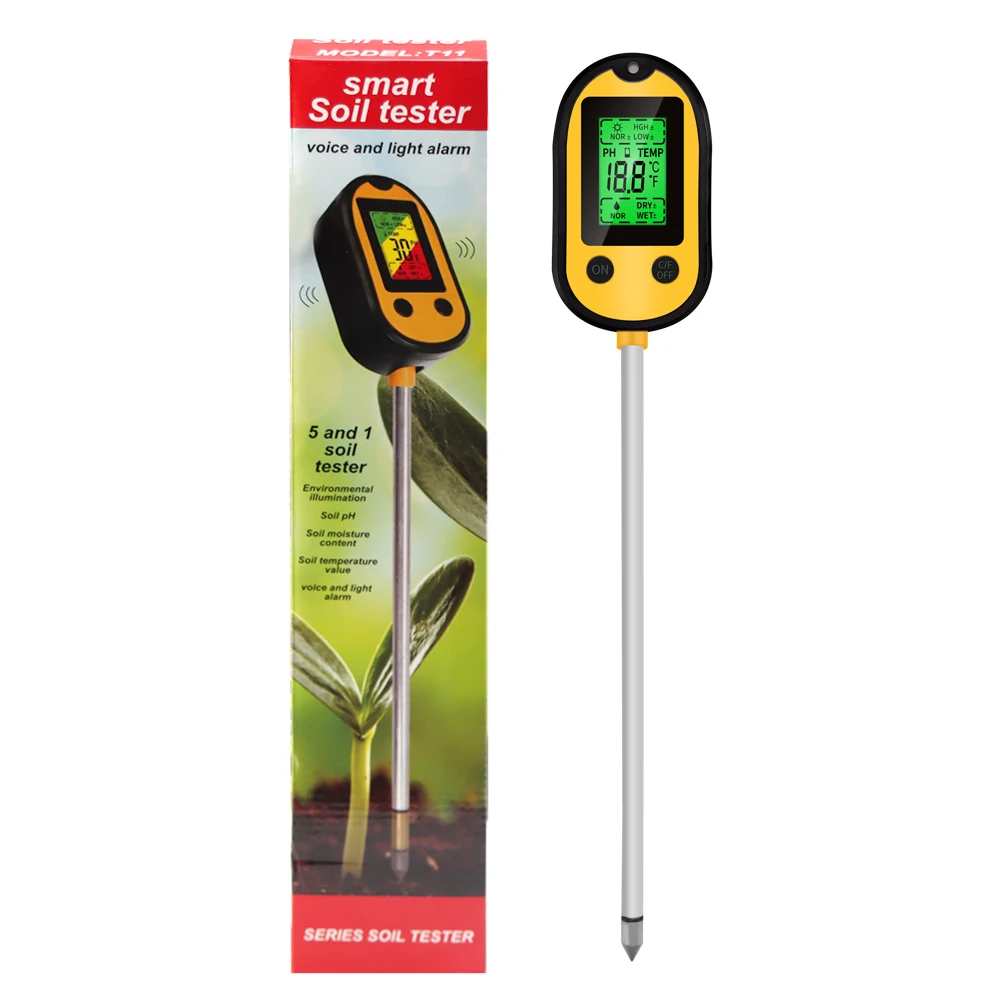Medidor de PH 5 en 1 para la humedad del suelo, medidor de acidez en maceta, Sensor de humedad del suelo, Kit de prueba de luz solar para plantas