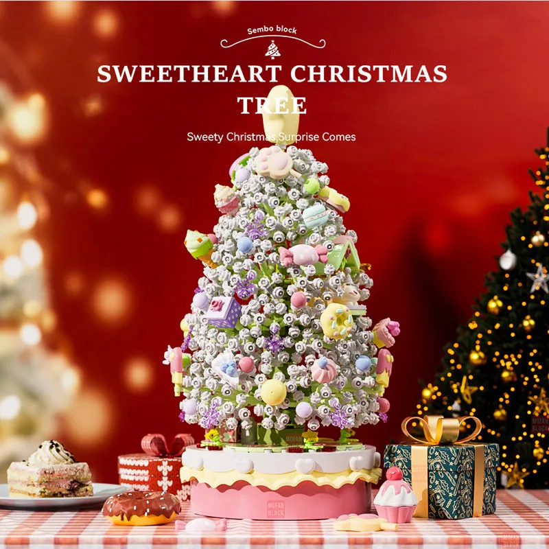 SEMBO Fantasy Christmas Tree Light Music Box Building Blocks MOC Sweet Cake Cup Model Bricks Toys Romantic Gifts for Girlfriend