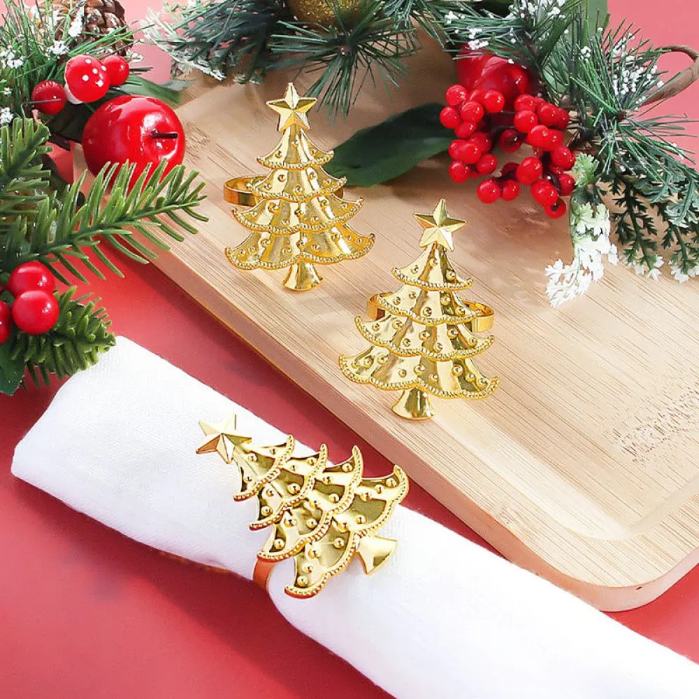 Luxury Golden Silver Metal Napkin Ring Christmas Tree Star Shape Napkin Fastener Dining Room Table Centerpiece Decor