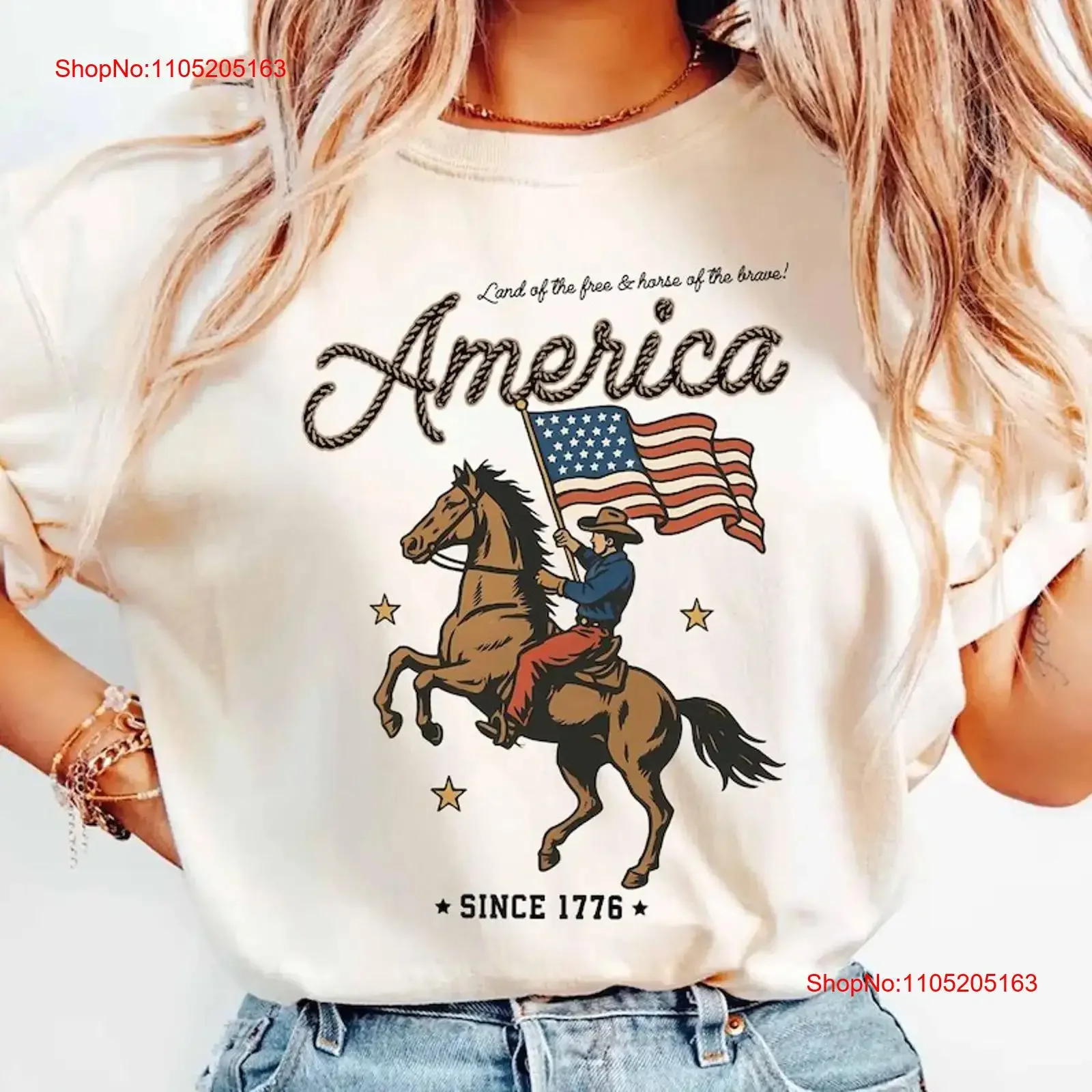Western America T Shirt Cowboy Waving American Flag Retro Land of th vintage Washed Stylish Casual Breathable Slightly