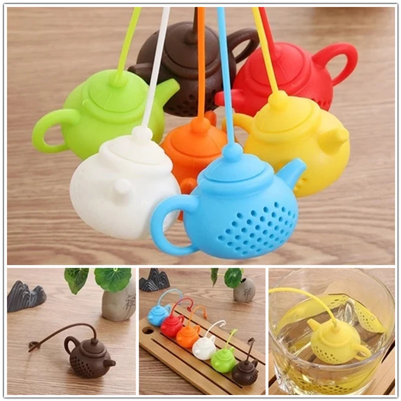 Teapot-shaped Silicone Tea Infusers Reusable Colorful Tea Strainer Filter Diffuser with Long Handle Gadgets Kitchen Accessories