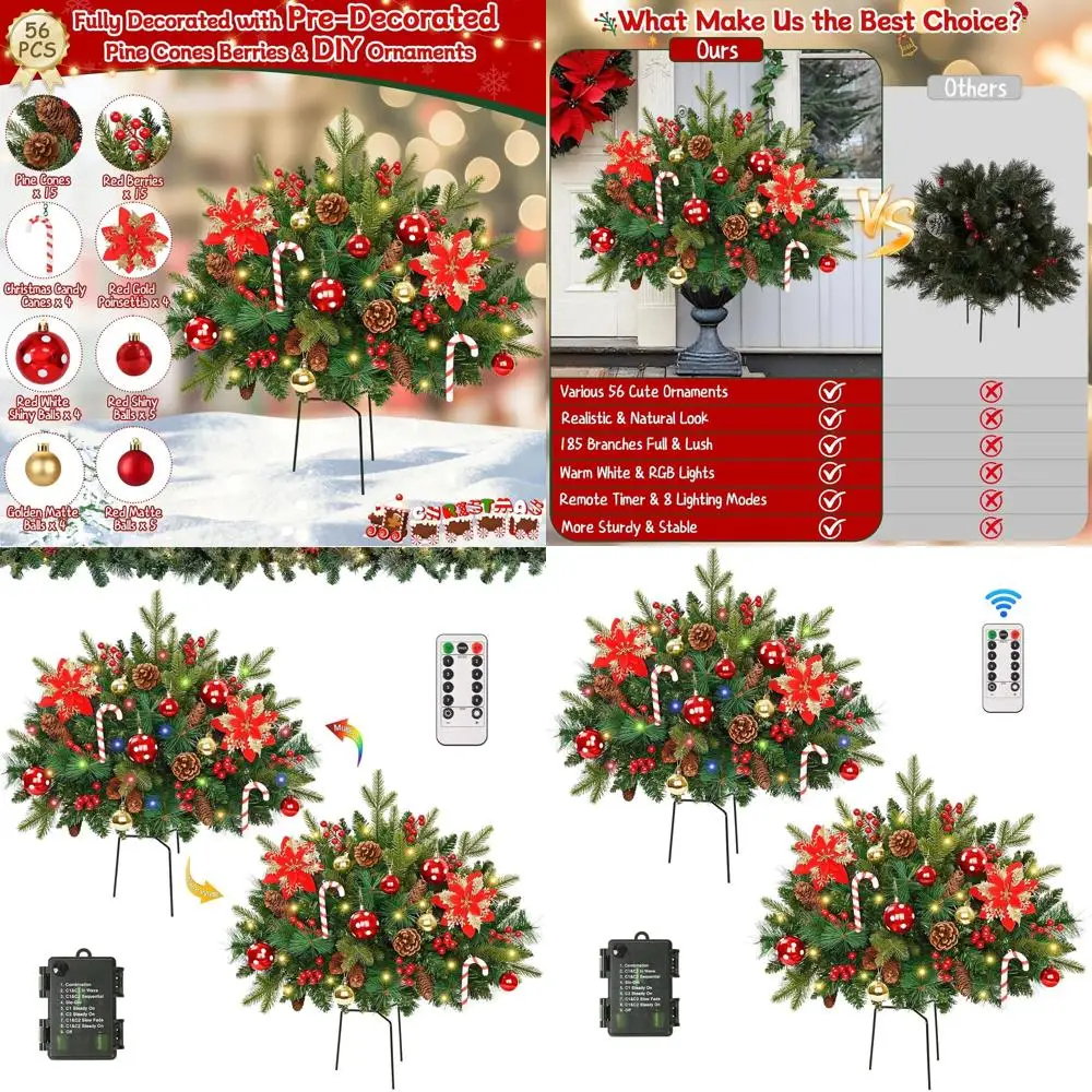 

Artificial Christmas Trees with 70 LED Lights, Outdoor 24 Inch Urn Filler, Holiday Planter Fillers for Front Porch, Pathway, Yar
