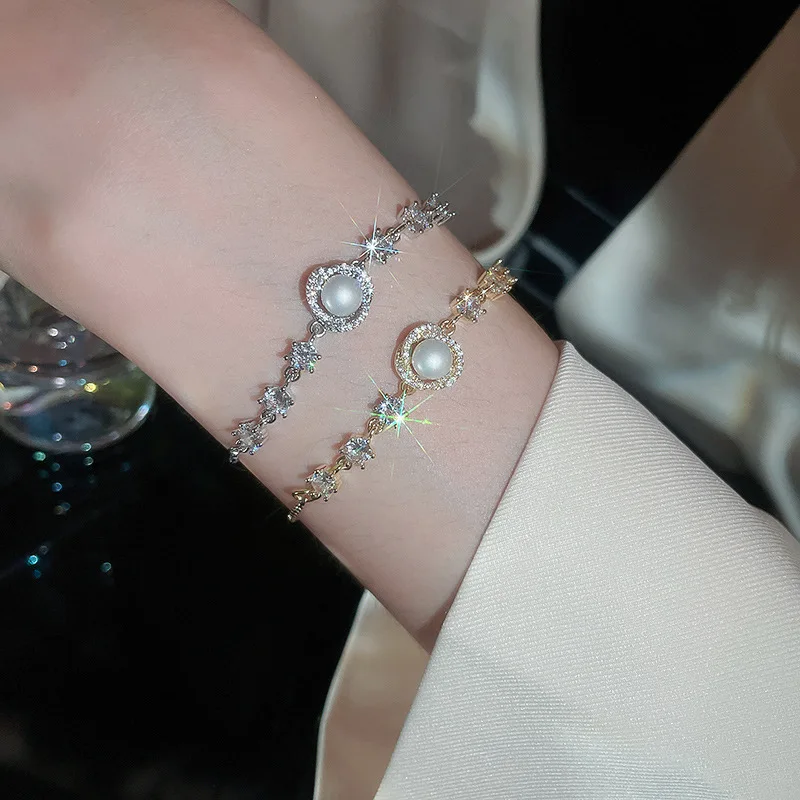 NISHIZAWA Zircon Flower Pearl Pull-out Bracelet French Princess Style Bracelet Light Luxury Fashion Jewelry