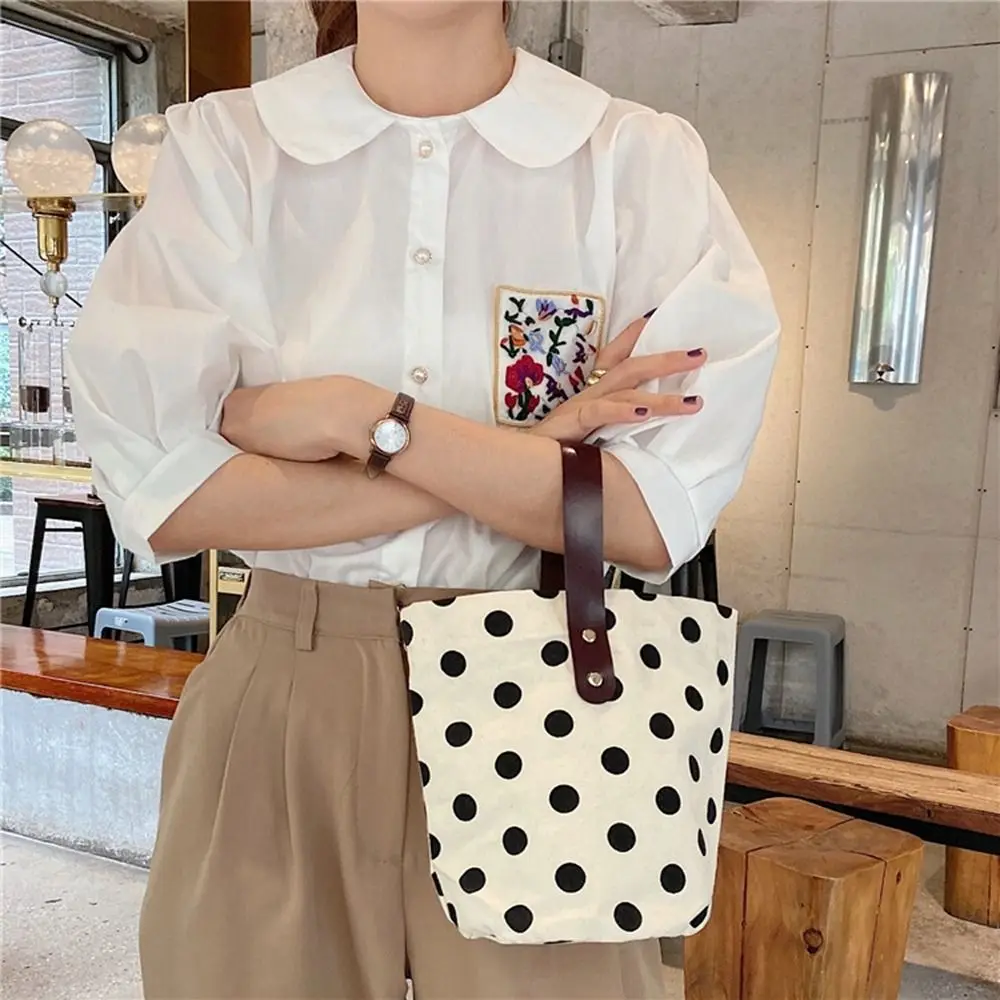 

Vintage Wave Point Polka Dot Canvas Bucket Bag Korean Style Large Capacity Handbag Lunch Bag Tote Bag Mummy Bag Shopping Bags