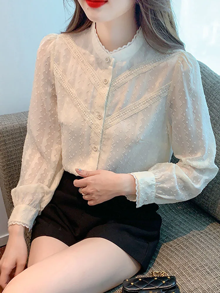 New Long Sleeve Blouse Women Stand Collar Apricot Chiffon Blouse Shirt Women Tops Blusas Mujer De Moda 2024 Shirts Blouses G421