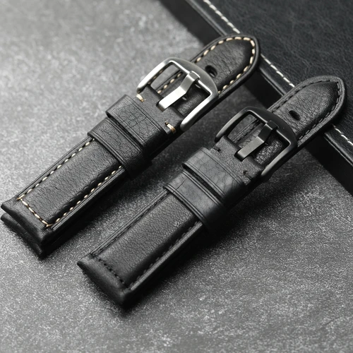 Imagen 2 del producto Correa de reloj de cuero hecha a mano, reloj mecánico negro de 20 22 24 26MM con capa de cabeza de piel de vaca para hombre, correa negra de estilo Retro