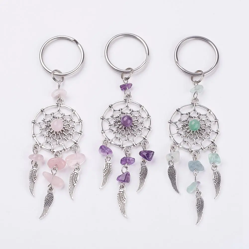 Spiritual Dream Catcher Keychain Natural Stone Healing Crystal Keyring Boho Bag Charm Gemstone Jewelry Yoga Meditation Gift