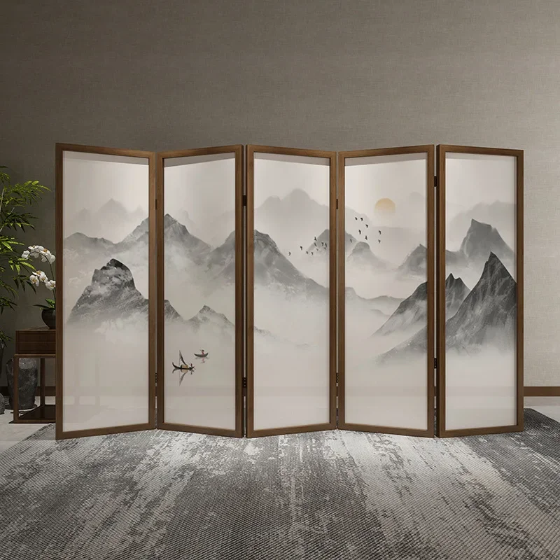 Chinese solid wood screen folding mobile living room entry door partition block hotel simple modern landscape folding screen