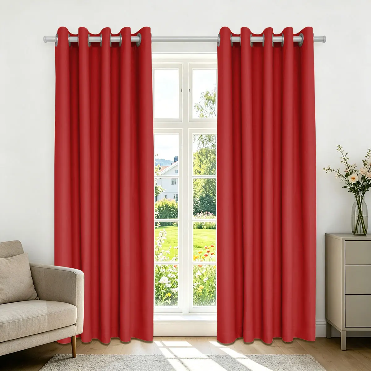 Bright Red High‑Density Blackout Curtains, Grommet Top Light Blocking Window Drapes for Bedroom Living Room, 2 Panels
