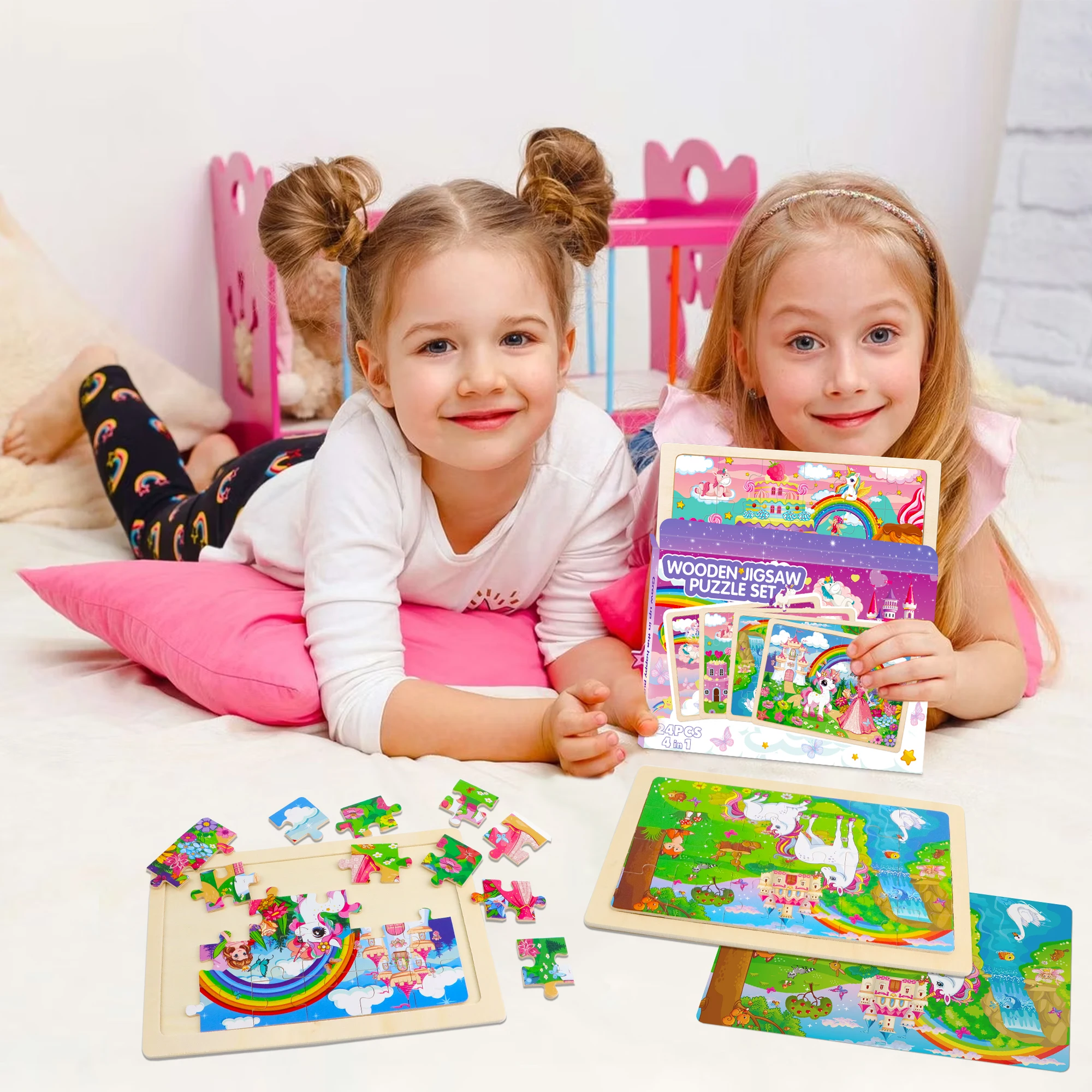 4 Zestawy Drewnianych Puzzle Edukacyjnych dla Dzieci w Wieku Przedszkolnym z Motywem Jednorożca i Księżniczki, Prezent dla Dziewczynek i Chłopców w Wieku 3, 4, 5, 6 Lat