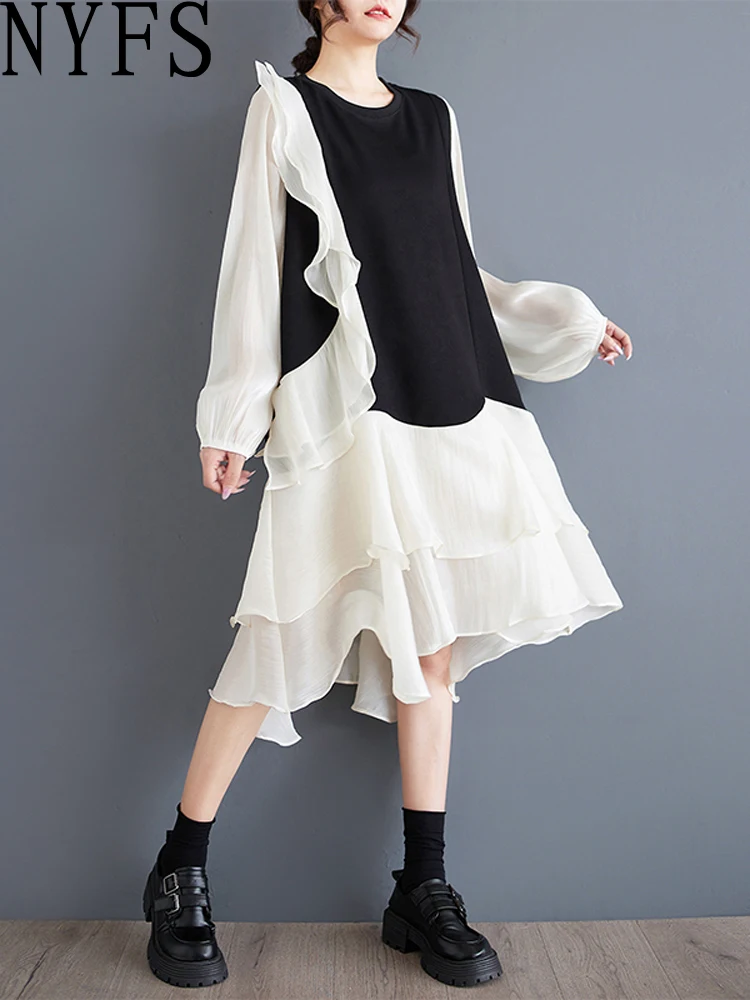 NYFS 2025 ربيع الخريف جديد فساتين النساء Vestidos رداء Elbise فضفاض حجم كبير غزل الزجاج المرقعة غير النظامية الكشكشة فستان طويل