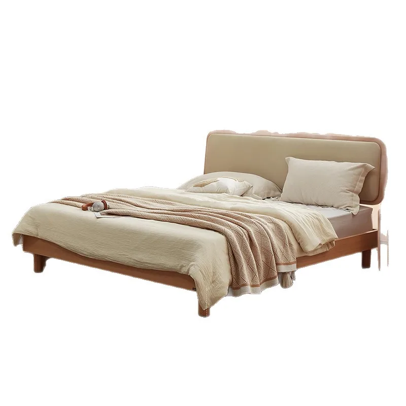 Board bed Nordic log wind solid wood veneer soft bag bed screen adjustable raised bedside table bed