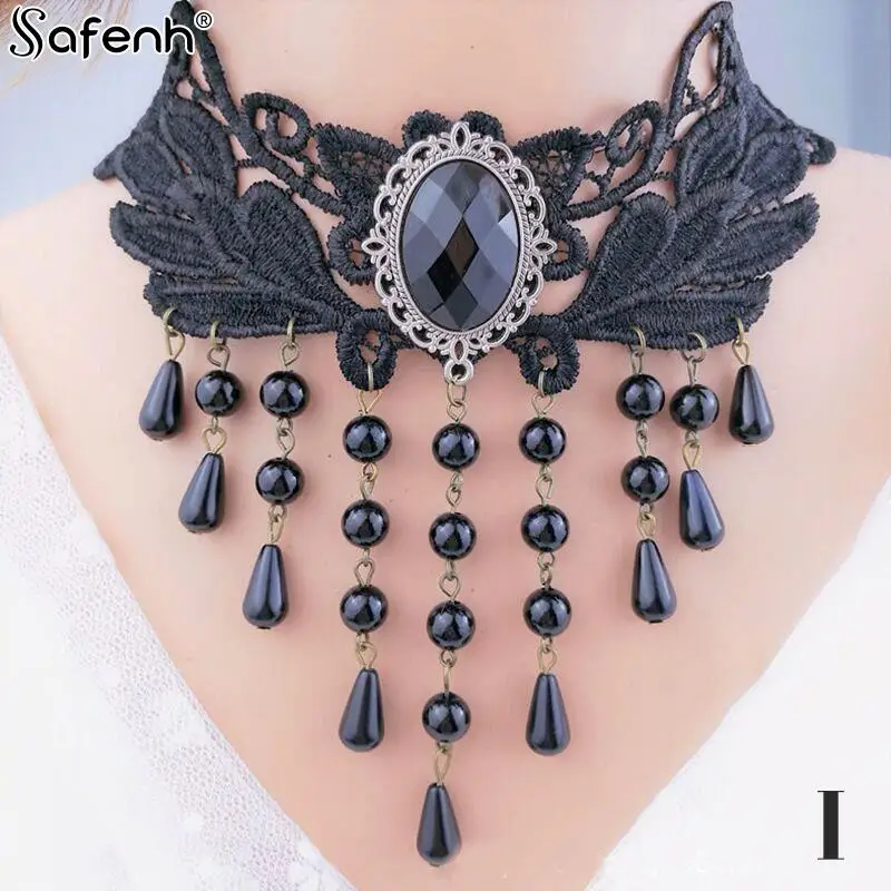 Gothic Victorian Black Lace Necklace Women Girl Boho Crystal Tassel Sexy Lace Choker Steampunk Dark Loli Style Halloween Jewelry