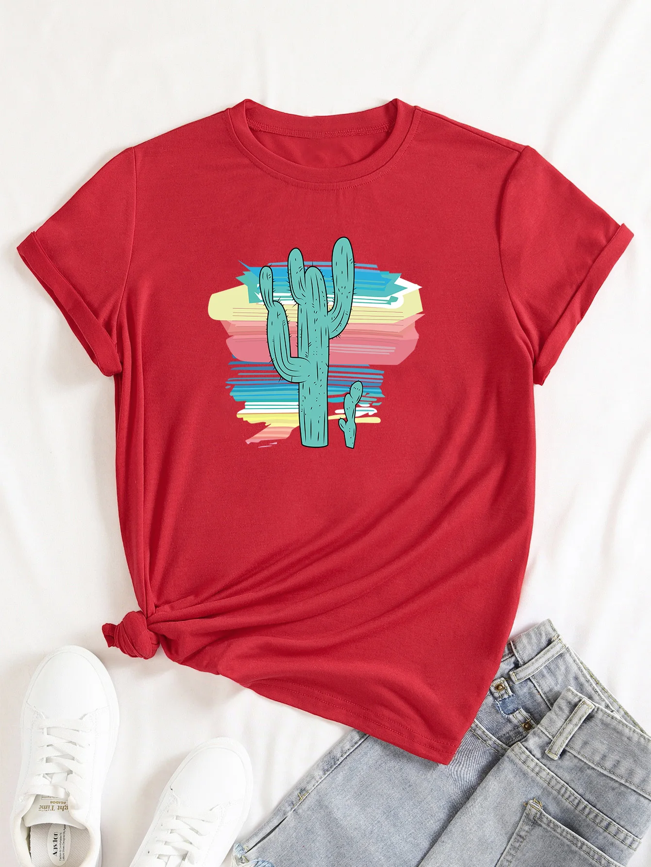 

Cactus colour printing T-Shirt Cotton grunge style fashion Woman Casual Short Sleeve Tee