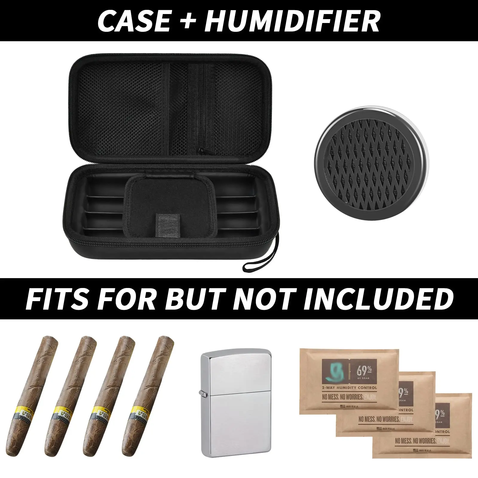 Cigar Case, 4 Finger Humidors Cigars Box with Humidifier. Cigar Travel Holder for Cigar Cutter/Lighter/Humidity Control Packs