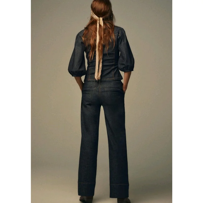 กางเกงยีนส์ทรงตรงเอวสูง ขากระบอก ทรงสลิมฟิต ผ้าเดนิม แต่งปกเสื้อ สไตล์ลำลอง แฟชั่นฤดูใบไม้ร่วง สำหรับผู้หญิง