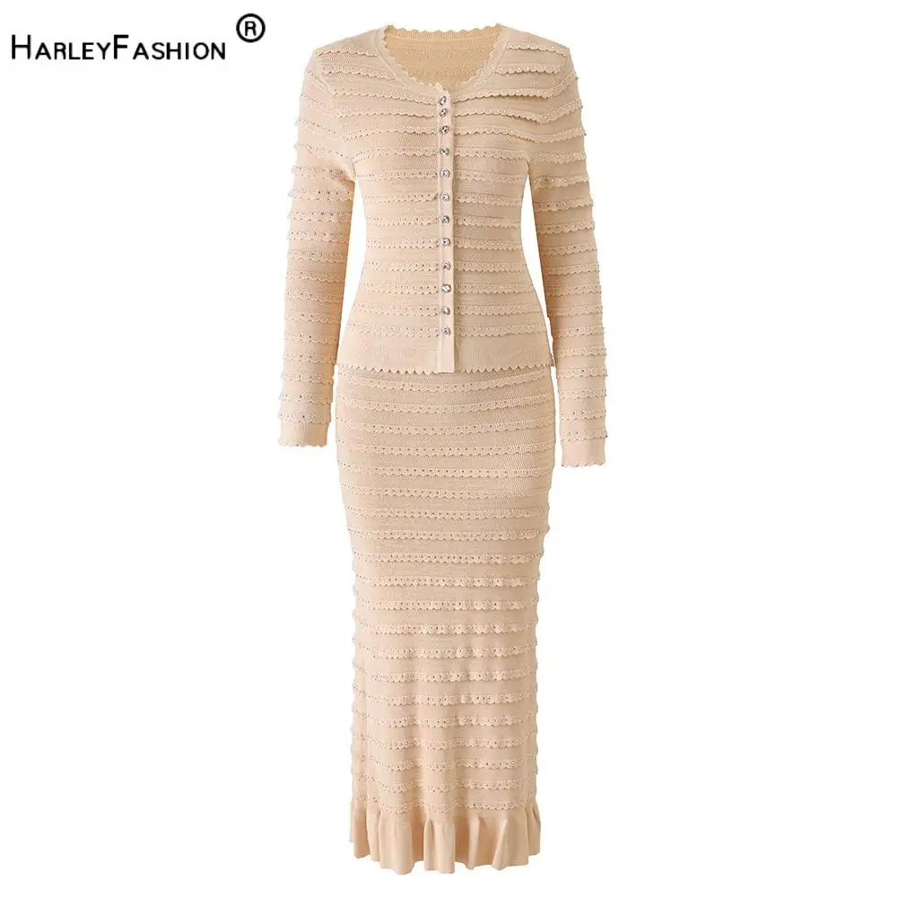 2026 Quality Hotfix Rhinestone Lady Autumn Suit O-neck Long Sleeve Single-breasted Cardigan Midi Skirt Slips Women Knit 3pcs