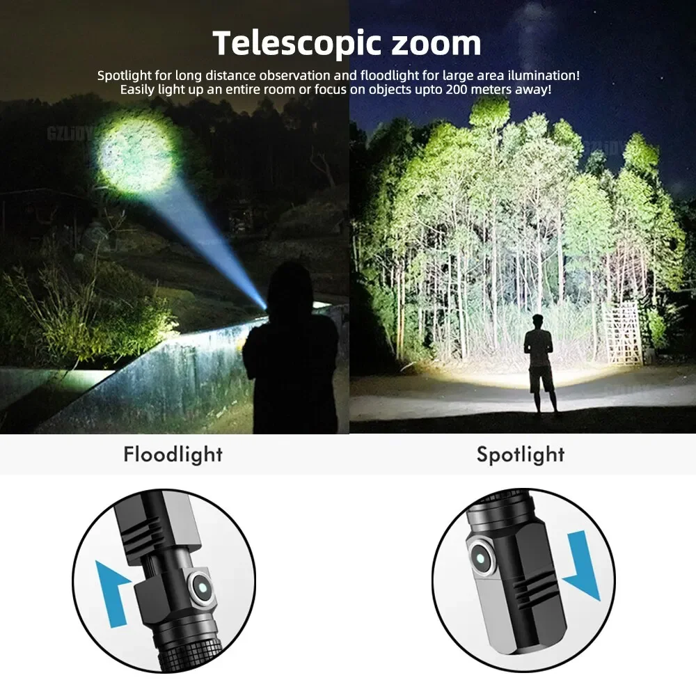MINI Multifunctional Strong Light LED Flashlight Type-C Charging Zoom Long Range Waterproof Outdoor Emergency Lighting Spotlight