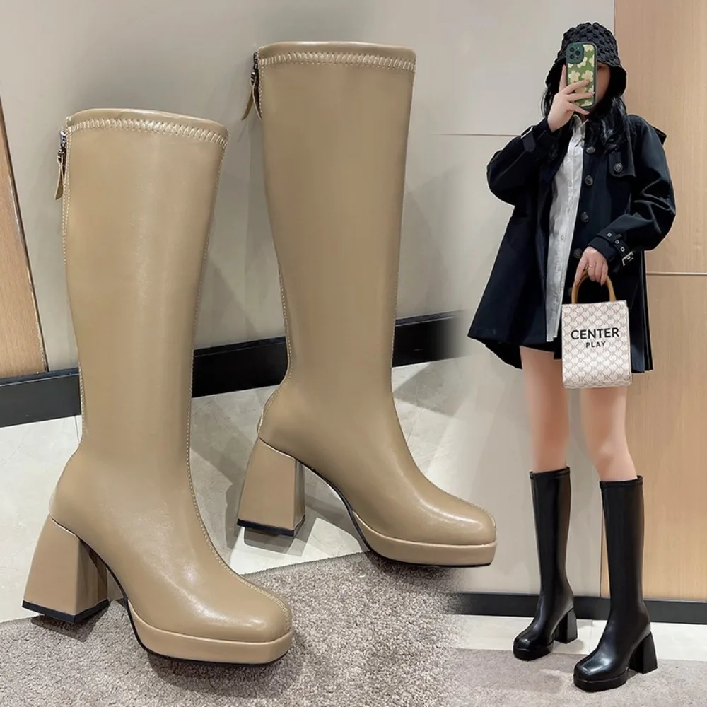 Womens Boots Winter Thick Heel Bottom Long Cotton High Heel Snow Zipper Knee-high Fashion Hot Classic Sexy Wild Botas Mujer