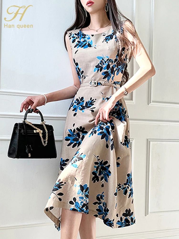 H Han Queen Summer Dresses Korean Vintage Prints Vestidos Elegant Slim Office Party Casual Midi Dress Woman Clothing With Belt