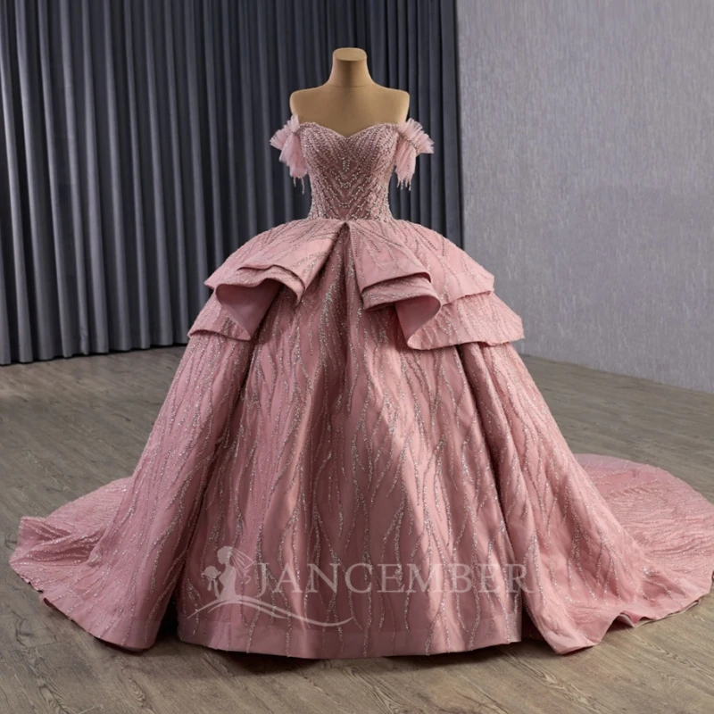 

Pink Shiny Quinceanera Dresses Ball Gown Off The Shoulder Beading Crystal Sweet 16 Dress Vestidos De 15 Anos