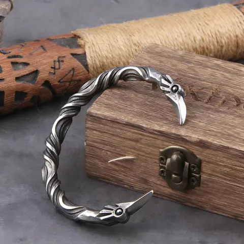 Viking Odin’s Ravens Head Bracelet Stainless Steel Twisted Open Cuff Norse Mythology Amulet Wristband for Men with wood box