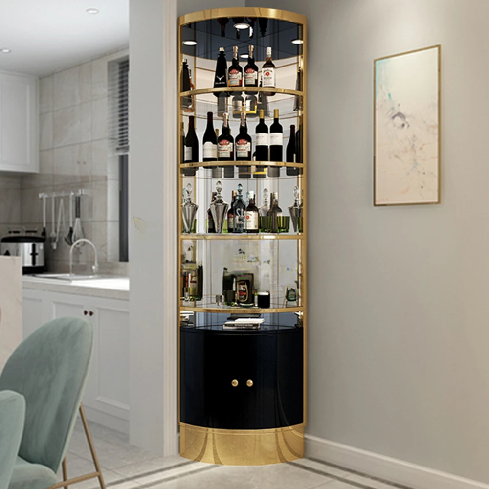 Living room furniture metal corner stainless steel wine storage cabinet glass rack cabinet wine cooler