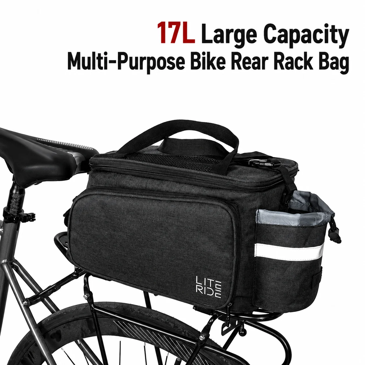 LITERIDE Bike Saddle Rear Rack Bag, 17L Large Capacity, Available for Hand Carry, Shoulder Crossbody  Bicycle Mount Fixing