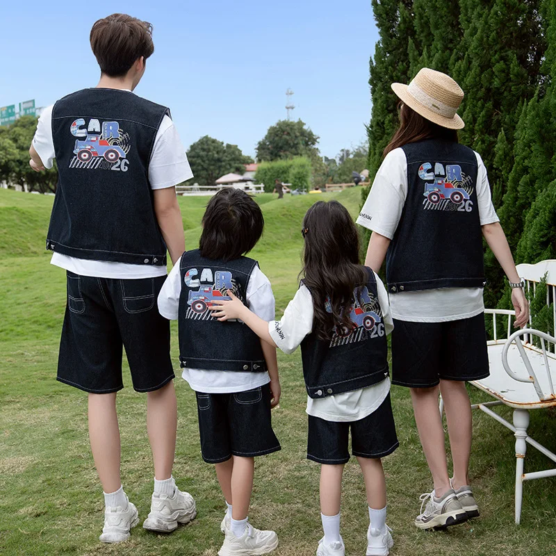 Fashion Family Matching Denim Clothing Parent-child Outfit Korean Father Mother and Son Daughter Baby Vest T Shirts Jeans Sets