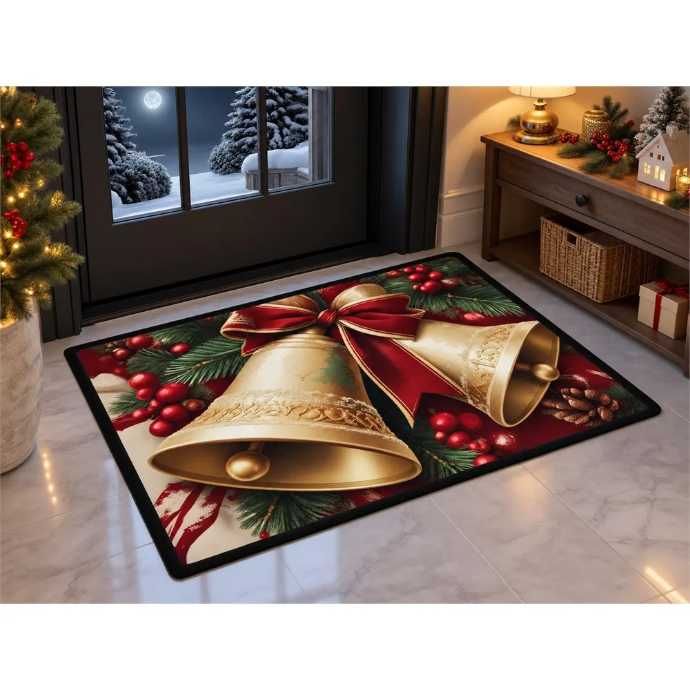 VIKAMA Christmas Wine Cream Bell Flannel Door Mat, Washable Quick Dry Xmas Mat, Christmas Decor for Office, Balcony, Dining Room
