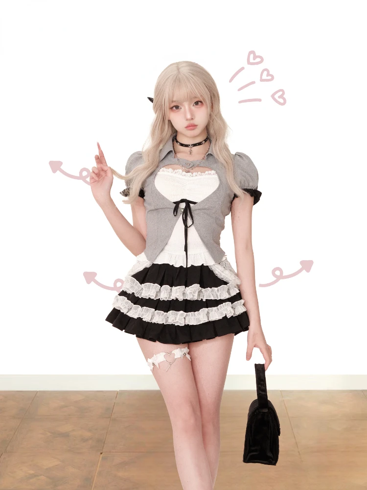 2024 Summer Japanese Sweet Slim 3 Piece Set Women Causal Y2k Cardigan + Kawaii Cute Vest + Elegant Lace Mini Cake Skirt New